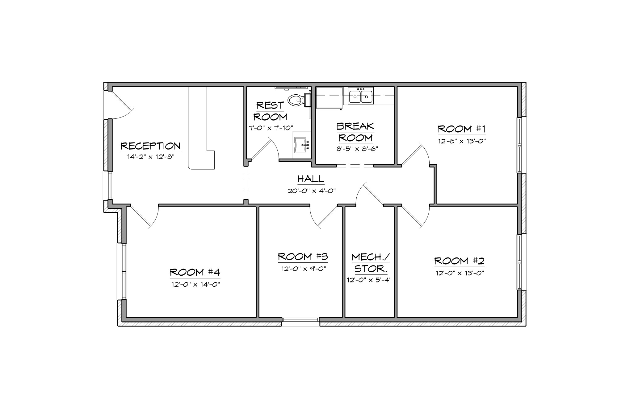 Representative floor plan for a 1,249 square foot Traders Office Park suite